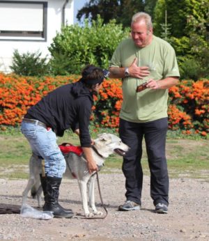 Ausbilder und Teilnehmerin arbeiten mit einem Suchhund im Freien